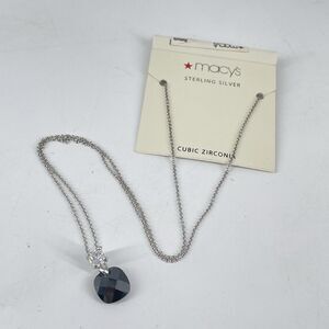 Macy’s Sterling Silver Cubic Zirconia Black Crystal Pendant Necklace 18” NWT